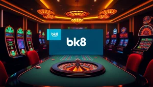 Experience the excitement of bk8 with vibrant casino tables and slot machines.