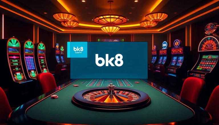 Experience the excitement of bk8 with vibrant casino tables and slot machines.