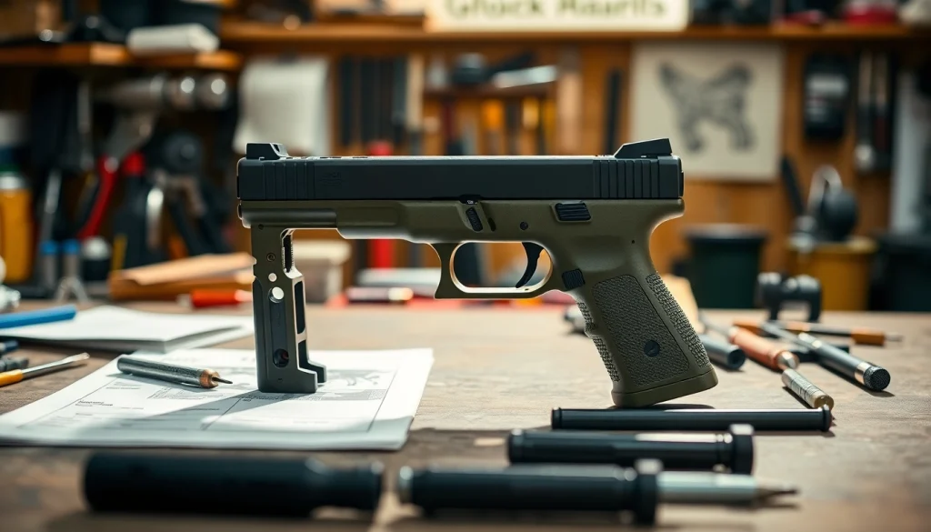 Assembling a glock 19 pf940c frame kit with detailed tools and parts in an engaging workspace