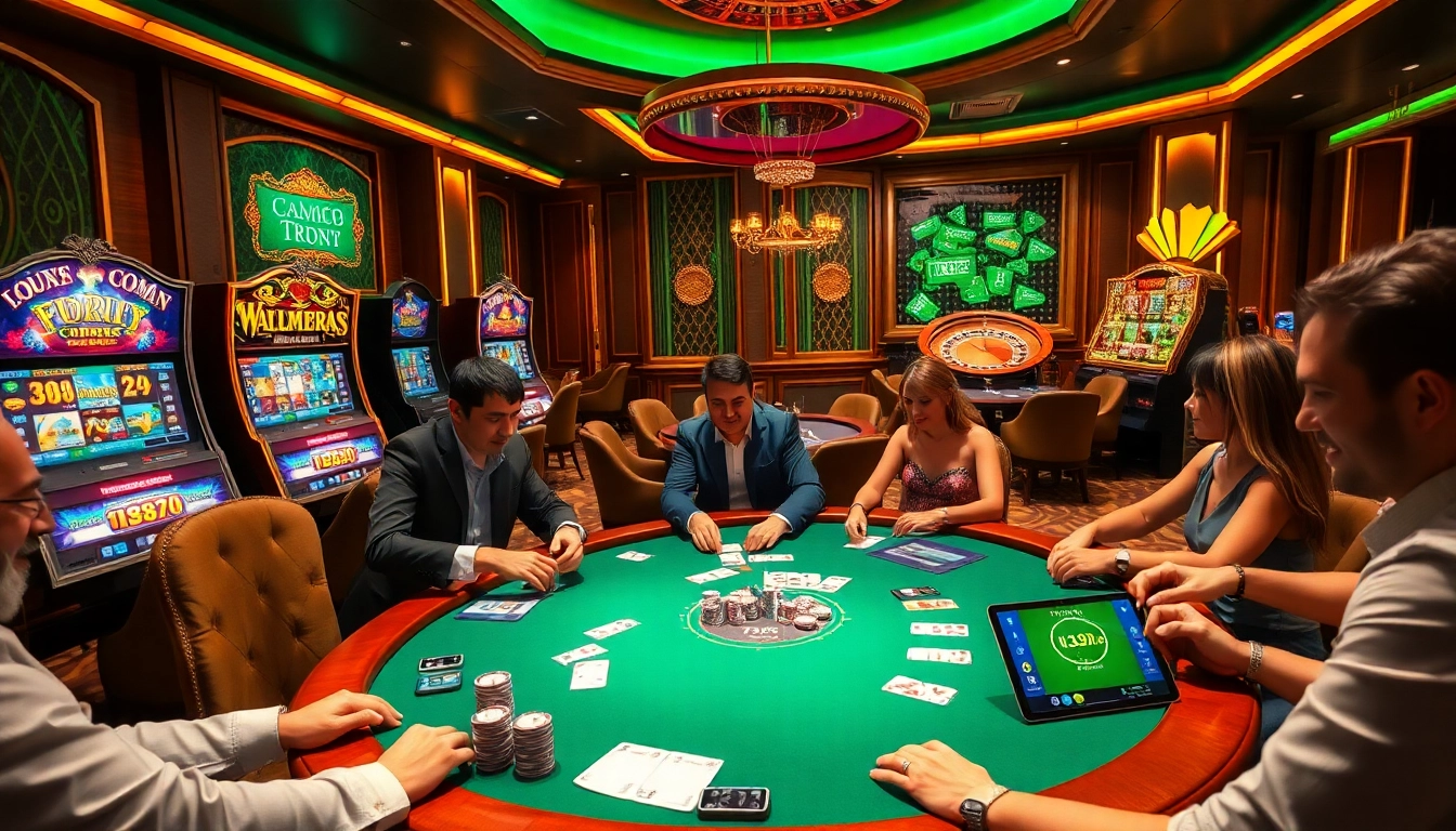 tk88 players enjoying vibrant casino games with poker chips and a roulette wheel
