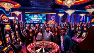 Para pemain Dewanaga89 merayakan kemenangan besar di kasino slot online dengan dekorasi yang hidup berwarna-warni.