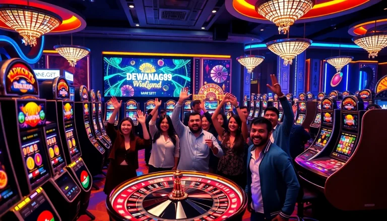 Para pemain Dewanaga89 merayakan kemenangan besar di kasino slot online dengan dekorasi yang hidup berwarna-warni.