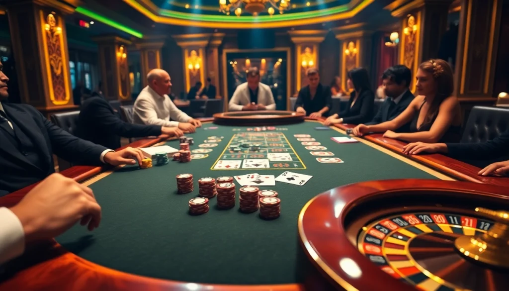 Players enjoying a thrilling game at the UU88 poker table in a luxurious casino setting.