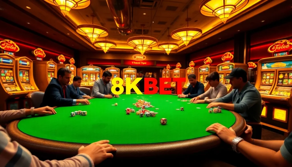 Exciting gameplay at a luxurious 8KBET casino with poker chips and slot machines in action.
