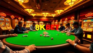 Exciting gameplay at a luxurious 8KBET casino with poker chips and slot machines in action.