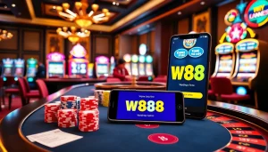 Engaging players with W88 link at a modern casino table showcasing live games and vibrant atmosphere.