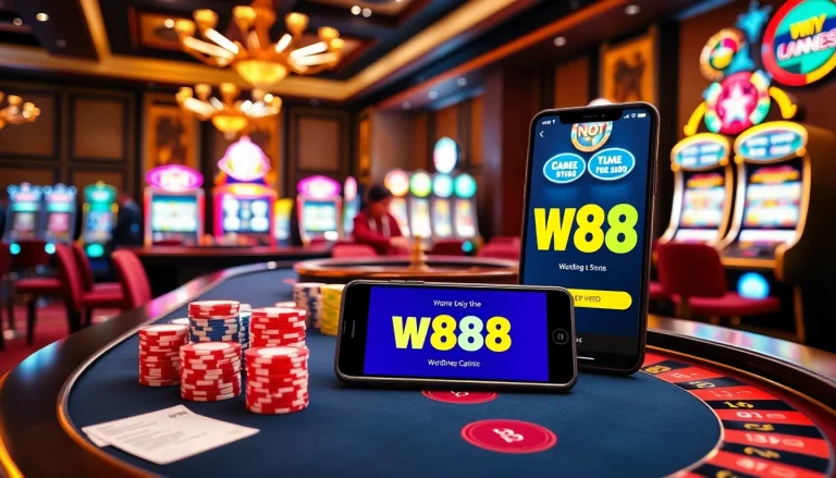 Engaging players with W88 link at a modern casino table showcasing live games and vibrant atmosphere.