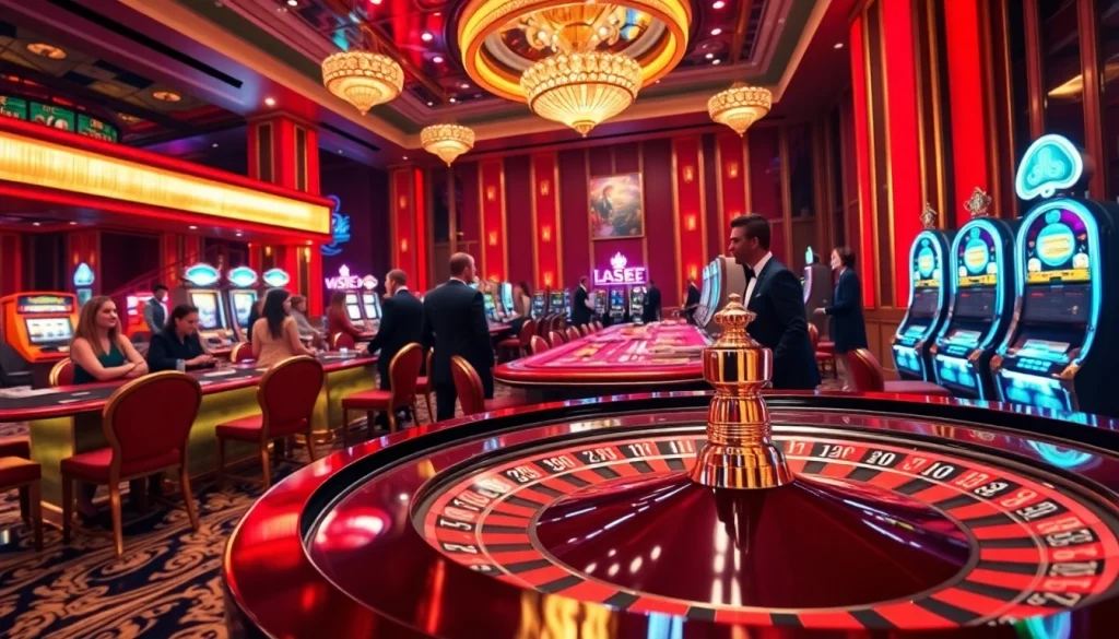 Players enjoying a luxurious gambling experience at S8.com with roulette and slot machines.