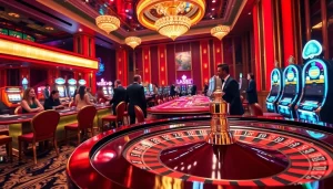 Players enjoying a luxurious gambling experience at S8.com with roulette and slot machines.