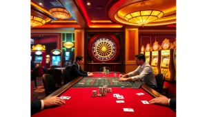 Engaging players at https://www.ph22255.com/ enjoy a thrilling casino experience with poker chips and roulette wheel.