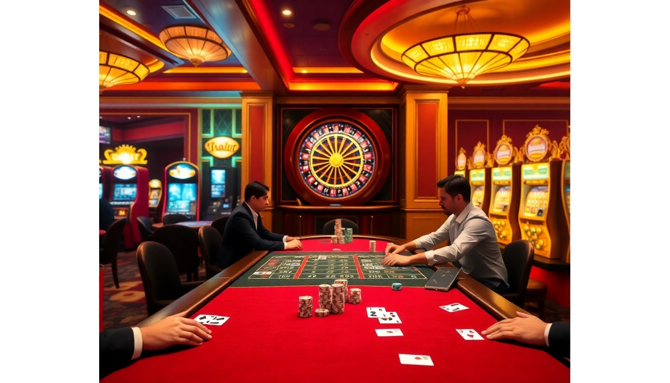 Engaging players at https://www.ph22255.com/ enjoy a thrilling casino experience with poker chips and roulette wheel.