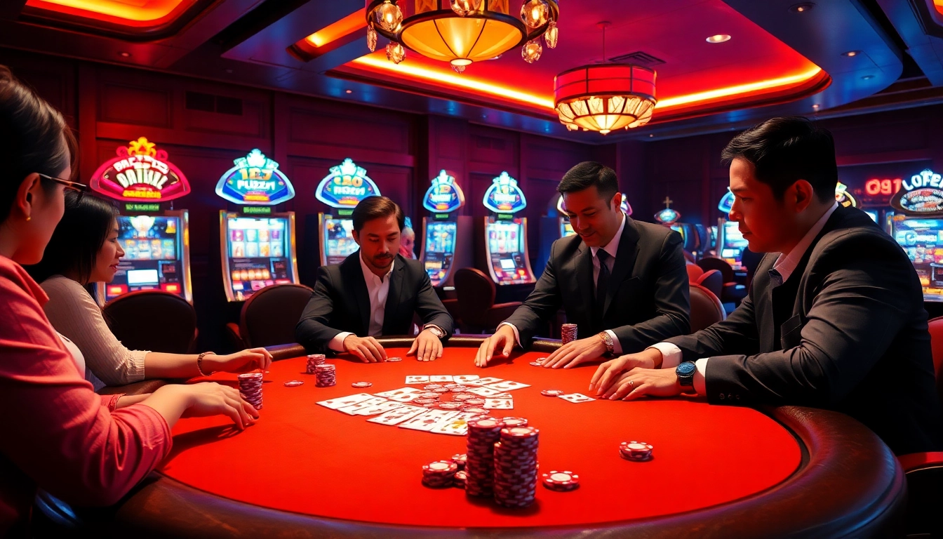 Participate in thrilling casino games at nh88 with vibrant poker tables and dazzling slot machines.