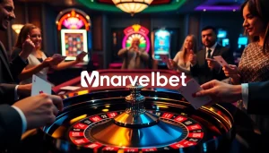 Marvelbet logo shines at a vibrant casino table with players enjoying thrilling games.
