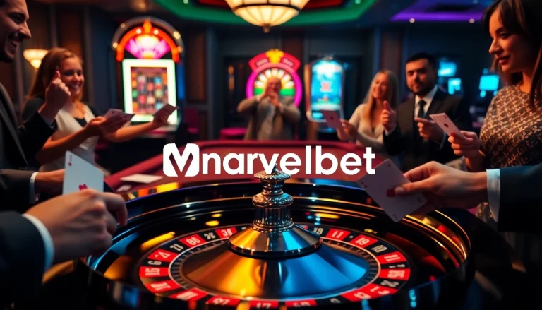 Marvelbet logo shines at a vibrant casino table with players enjoying thrilling games.