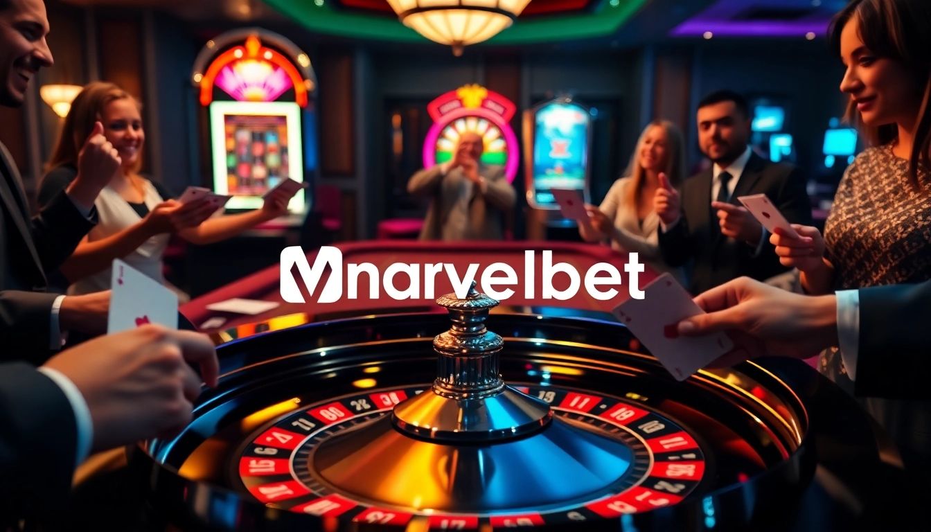Marvelbet logo shines at a vibrant casino table with players enjoying thrilling games.