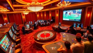 Vankhanhtv brings excitement with vibrant gaming tables and a glowing roulette wheel in a luxurious casino setting.