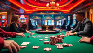 Engaging poker game action at uu88 com, showcasing colorful chips and flashing casino lights.