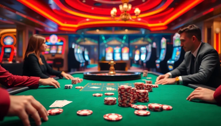 Engaging poker game action at uu88 com, showcasing colorful chips and flashing casino lights.