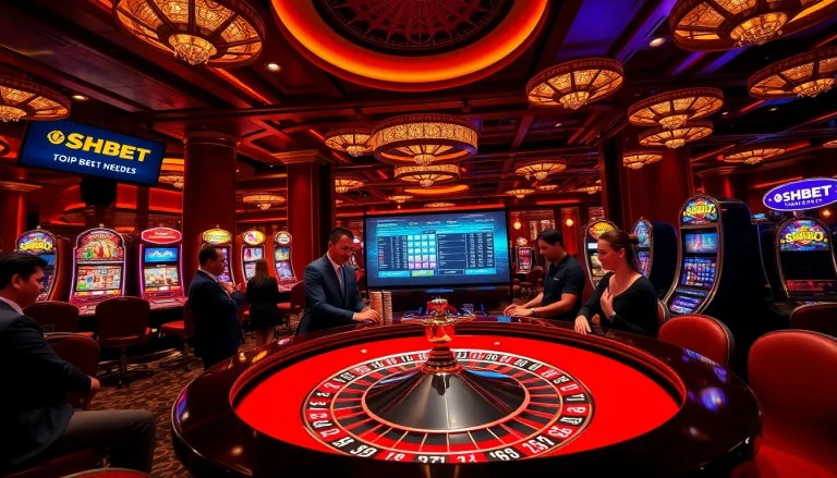 SHBET casino scene with players excitedly engaging at a roulette table with colorful slot machines.