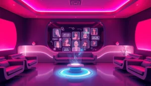 Engage with sex chat AI in a futuristic, ambient lounge featuring digital chat personas.