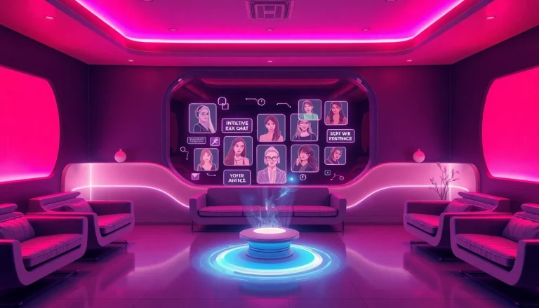 Engage with sex chat AI in a futuristic, ambient lounge featuring digital chat personas.