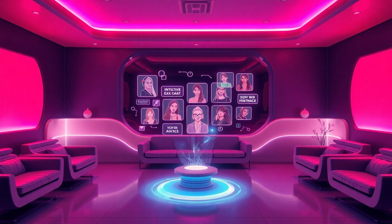 Engage with sex chat AI in a futuristic, ambient lounge featuring digital chat personas.