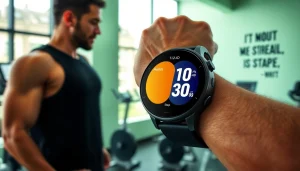 LC88 Men's Smart Watch showcasing health metrics during an active workout session in a modern gym.