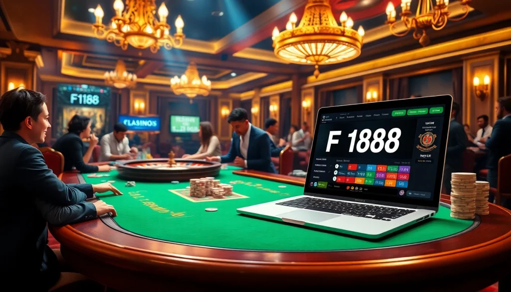Players enjoying an exciting gaming experience at https://f168.today/ featuring a vibrant casino scene with chips and cards.