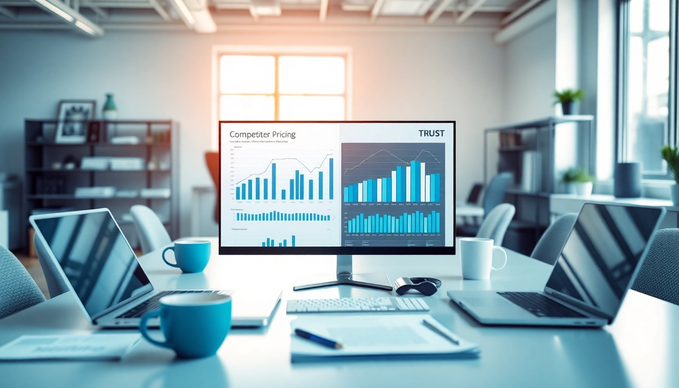 Analyze competitor pricing strategies within a vibrant digital workspace featuring charts and graphs.