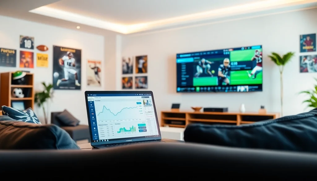 Engaging online sports betting Canada scene showcasing a modern living room with sports memorabilia and analytics.