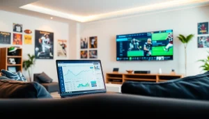 Engaging online sports betting Canada scene showcasing a modern living room with sports memorabilia and analytics.