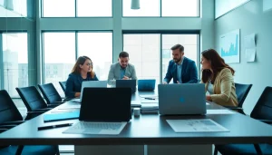 Engaged team collaborating on a Bid-No-Bid Analysis in a modern office.