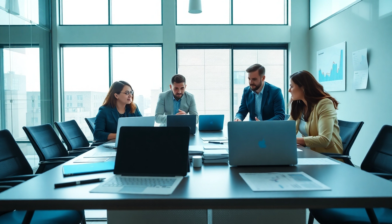 Engaged team collaborating on a Bid-No-Bid Analysis in a modern office.
