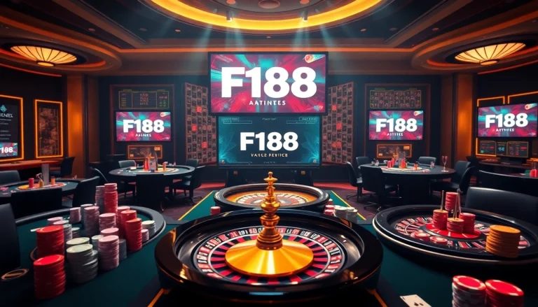 Experience exhilarating gaming action at F168 with vibrant tables, chips, and online betting screens.