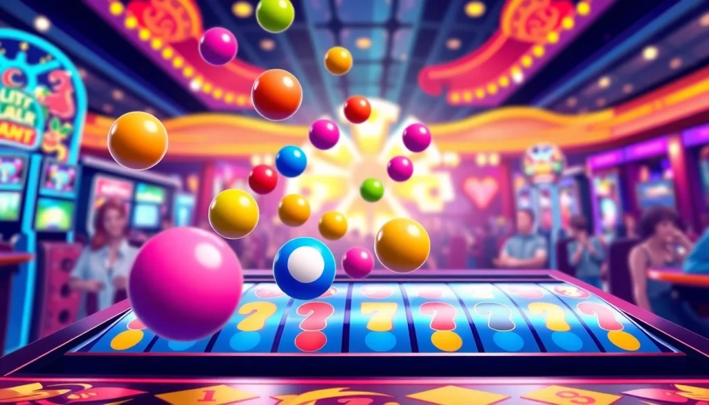 Bermain slot plinko dengan bola berwarna-warni jatuh ke papan, suasana perayaan yang ceria.