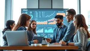 Infosec professionals collaborating in a modern office, analyzing data for enhanced cybersecurity strategies.