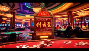 Experience the thrill of nổ hũ with a vibrant casino background filled with slot machines and gambling action.