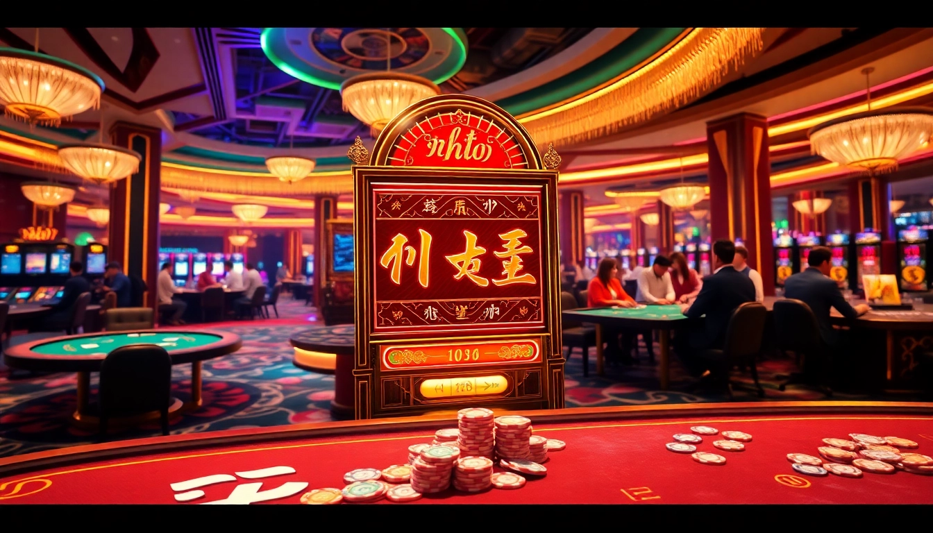 Experience the thrill of nổ hũ with a vibrant casino background filled with slot machines and gambling action.