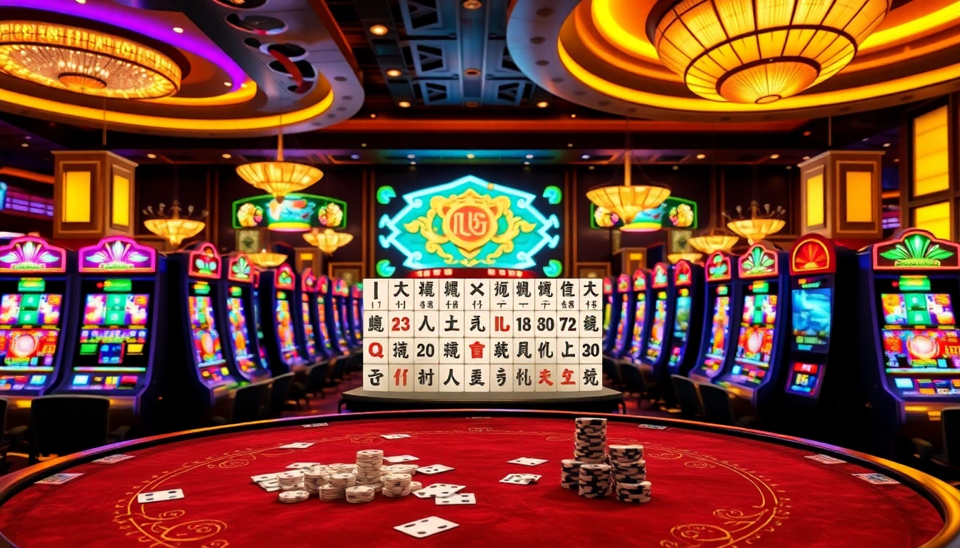 Adegan menarik demo slot Mahjong di kasino mewah dengan meja permainan dan lampu-lampu berwarna cerah.