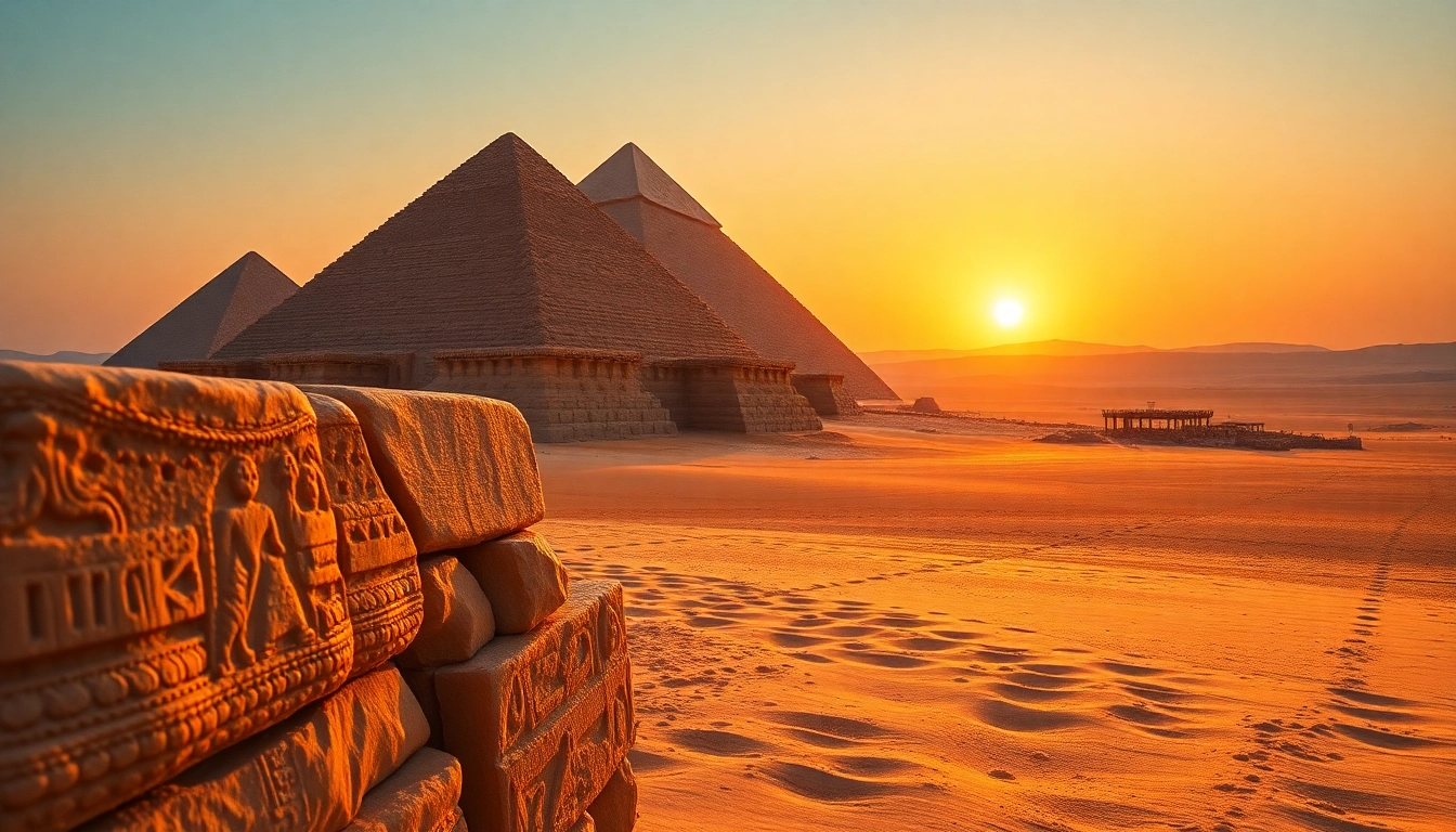 Explore the grandeur of piraminds in a sunset desert landscape, capturing ancient Egyptian architecture.