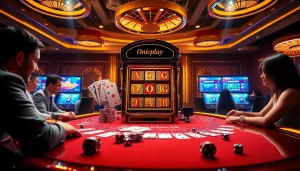 Experience dynamic gaming at Onicplay with a vibrant casino atmosphere showcasing slot machines and poker tables.