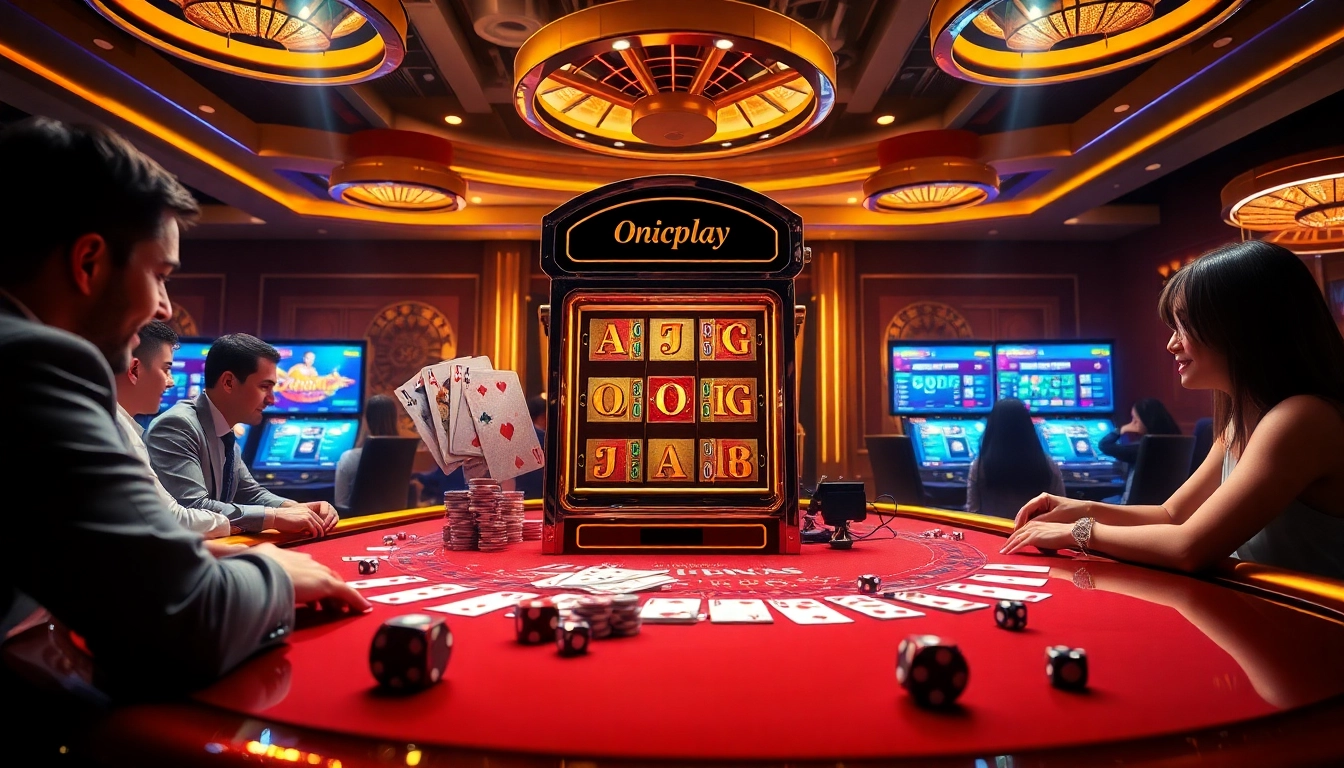 Experience dynamic gaming at Onicplay with a vibrant casino atmosphere showcasing slot machines and poker tables.