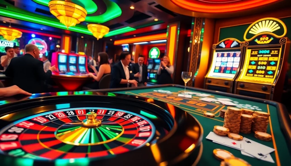 Exciting scene featuring the lively atmosphere of https://nohu.business/ with players winning at poker and roulette.