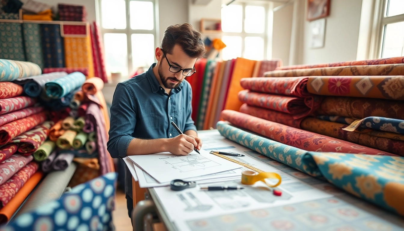 Detail van bedrukt katoen in een ontwerpstudio met kleurrijke stoffen en schetsen.