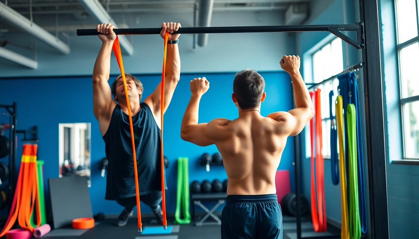 Active individual using stretch bands for pull-ups in a vibrant gym setting.