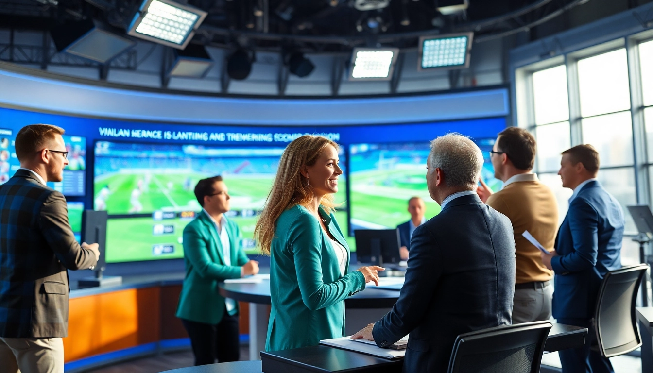 Sports Broadcasting professionals collaborating in a modern studio setting.