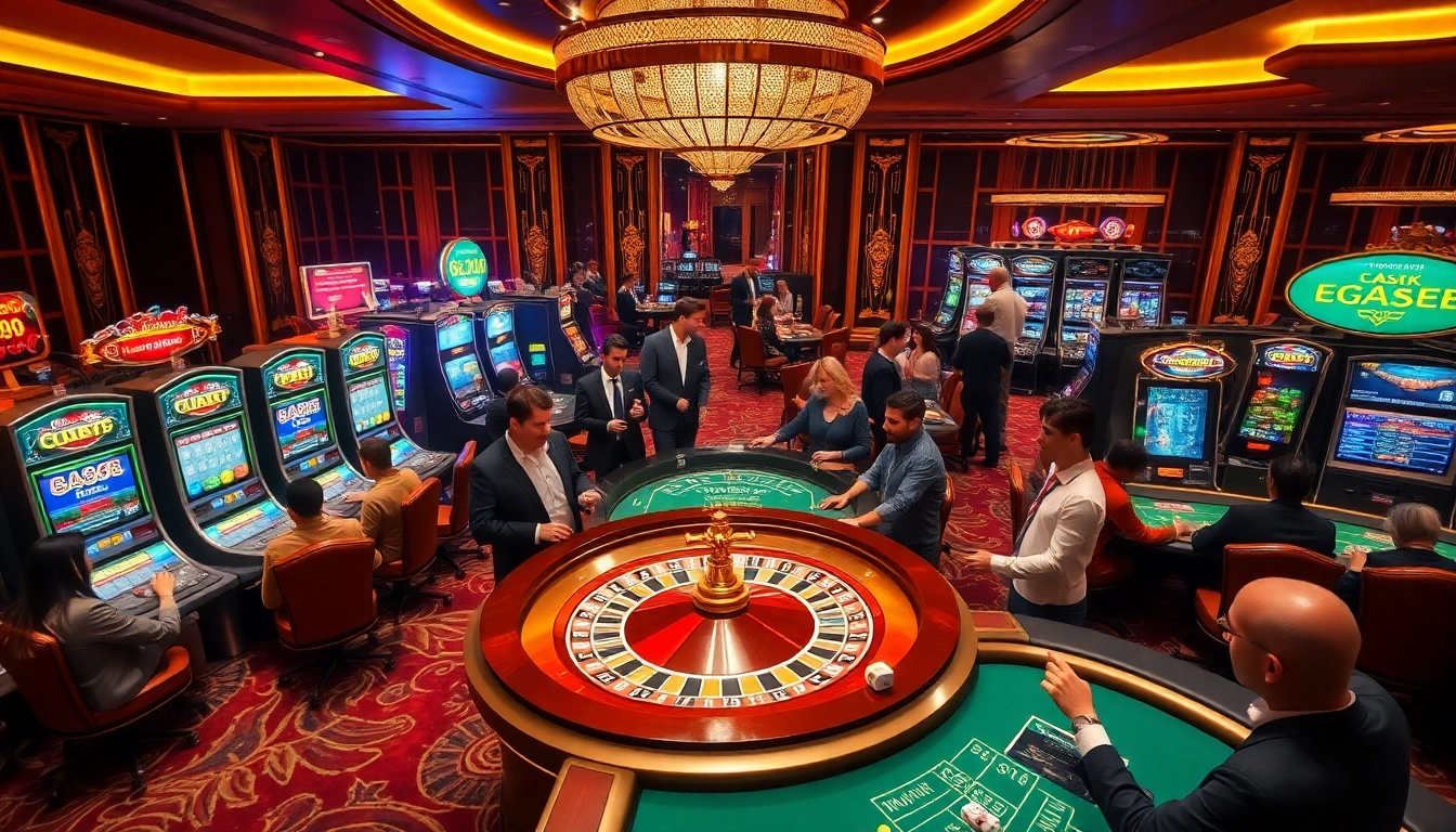 Excited players engaging in thrilling b52 gambling activities at a luxurious casino.