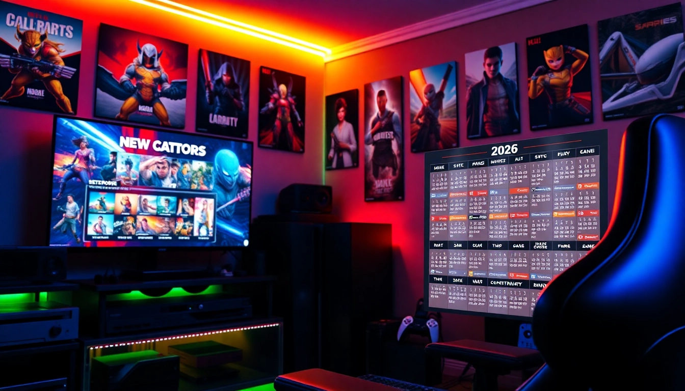 Showcase of new game releases 2026 with a vibrant gaming room setup, highlighting consoles and posters.