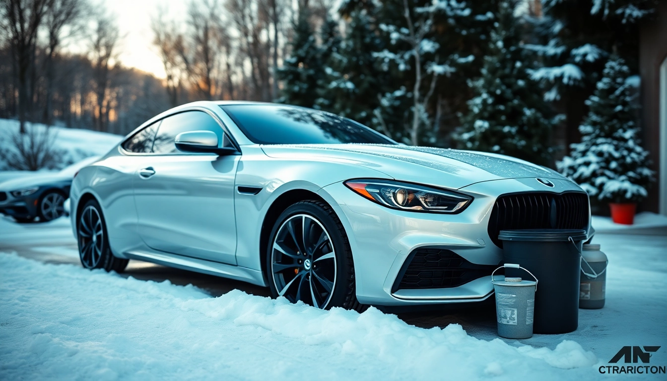 Winter car protection Chattanooga featuring a gleaming vehicle shielded from winter elements in a snowy setting.