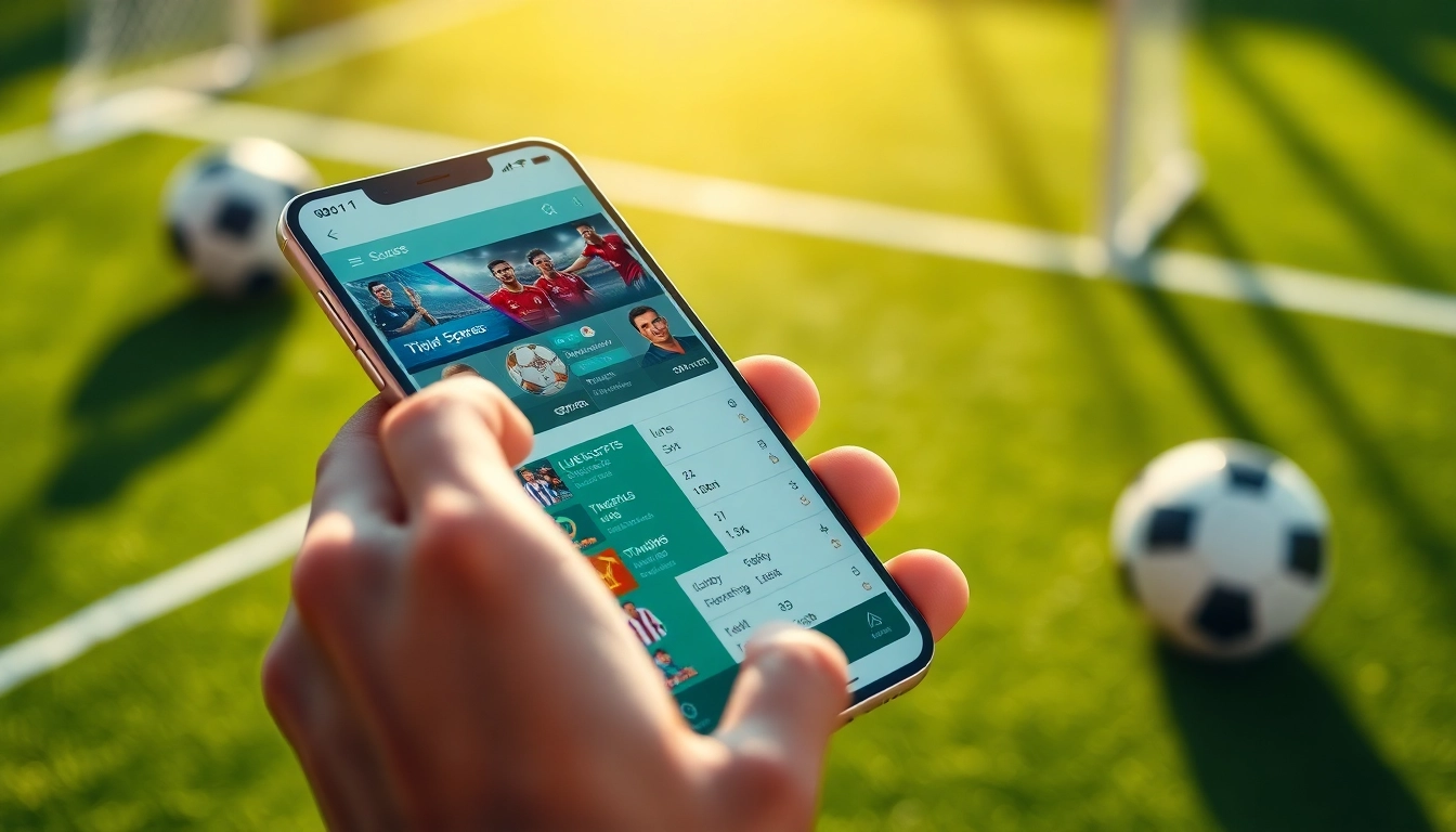 Engaging display of โปรแกรมบอล app features on a smartphone against a soccer field backdrop.